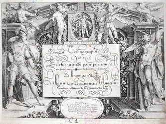 Caligrafía francesa: Tecnografía, frontispicio por Guillaume Le Gangneur alrededor de 1599. Biblioteca histórica de la ciudad de París