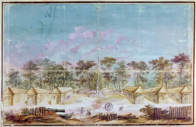 Asentamiento de colonos franceses en la playa de Kourou, Guayana en 1763