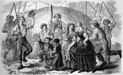 Costumbre francesa: canciones y danzas de campesinos alrededor de la última gavilla de trigo sarraceno de la cosecha. Conde sur Noireau, Calvados (14)