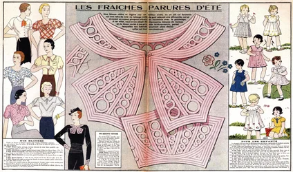 La moda francesa del verano de 1934: moda femenina (blusas) y moda infantil (vestidos y disfraces). En "Le petit echo de la mode"