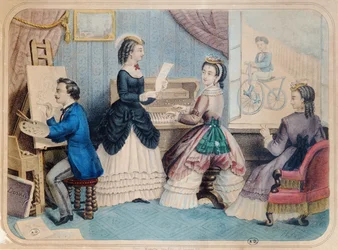 Placa de moda francesa que representa actividades artísticas, 1867