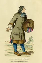 Traje campesino francés del siglo XVIII. Grabado en color a partir de una estampa de la Biblioteca Nacional, en «France et les Français à travers les siècles» de Augustin Challamel, editado por F. Roy, París 1882. Colección Selva.