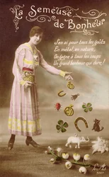 Tarjeta postal francesa que representa La Semeuse de Bonheur (La sembradora de buena suerte), 29 de marzo de 1914