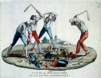 Revolución francesa: alegoría de la noche del 4/08/1789, que vio la abolición de los privilegios y derechos feudales. Miembros del pueblo patriota destruyen los símbolos de la nobleza, el clero y las armaduras. Grabado de 1789. París, Biblioteca del