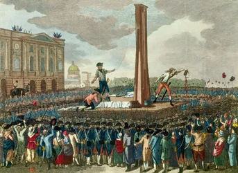 Revolución francesa: ejecución en la guillotina del rey Luis XVI (1754-1793), el verdugo presenta su cabeza cortada. Grabado según dibujo de Fious. Siglo XVIII. París, Museo Carnavalet