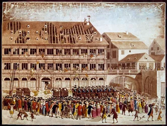Revolución francesa: saqueo del Ayuntamiento de Estrasburgo el 20/07/1789. Grabado anónimo. París, B.N.