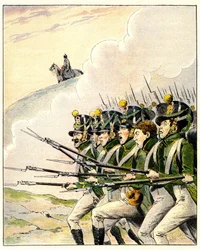 Soldados franceses durante la batalla de Waterloo (litografia en color)