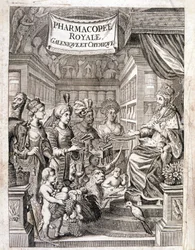 Frontispicio de la "Farmacopea real, galénica y química" de Morse Charas, Farmacia del Jardín Real de Plantas de Laurent d