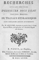 Frontispicio del libro “Investigaciones sobre formas de realizar bajo el agua todo tipo de trabajos hidráulicos” por Coulomb