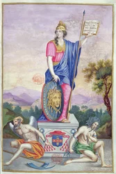 Frontispicio ilustración alegórica de la diosa Minerva de Les Panegyriques des Hommes Illustres de Notre Siecle por Puget de la Serre, 1655