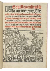 Frontispicio de "Les gestes ensemble la vie du preux Chevalier Bayard avec la genealogie", por Symphorien Champier