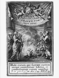 Frontispicio del Index Librorum Prohibitorum que representa un auto de fe, 1786