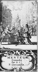 Frontispicio de Le Menteur de Pierre Corneille (1606-84) publicado en 1664, Ámsterdam