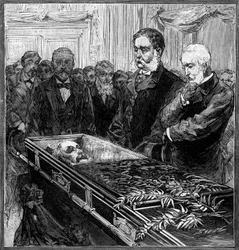 Funeral de James Abram Garfield (1831-1881), Presidente de los Estados Unidos: su reemplazo, Chester Alan Arthur (1830-1886) y el Secretario Blain frente al ataúd bajo la cúpula del Capitolio de Washington. Grabado en 