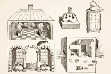 Hornos y diversos aparatos utilizados por químicos y alquimistas en la Edad Media, según un grabado de Vriese, de Science and Literature in The Middle Ages de Paul Lacroix pub. Londres 1878