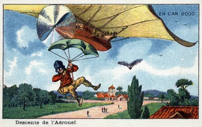 Días futuros: Una visión del siglo XIX del año 2000 - Serie “En el año 2000”: Descenso de la aeronave. Cromolitografía de Villemard