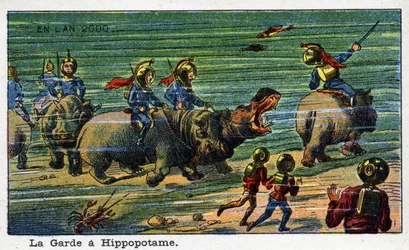 Días futuros: Una visión del siglo XIX del año 2000 - Serie “En el año 2000”: El guardia en el hipopótamo (bajo el mar). Cromolitografía de Villemard