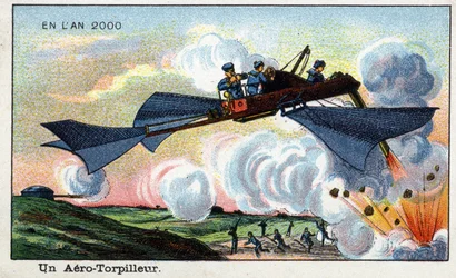 Días futuros: Una visión del siglo XIX del año 2000 - Serie “En el año 2000”: un torpedo aéreo. Cromolitografía de Villemard
