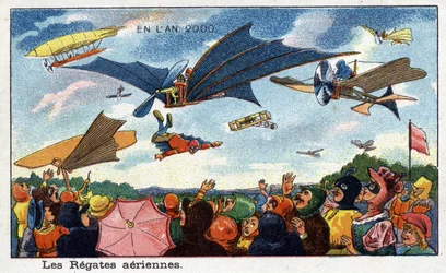 Días futuros: Una visión del siglo XIX del año 2000 - Serie “En el año 2000”: las regatas aéreas - Cromolitografía de Villemard