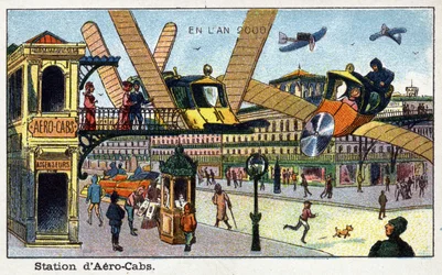 Días futuros: Una visión del siglo XIX del año 2000 - Serie “En el año 2000”: Estación de aerocabinas - Cromolitografía de Villemard
