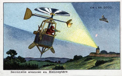 Días futuros: Una visión del siglo XIX del año 2000 - Serie “En el año 2000”: Helicóptero de avanzada - Cromolitografía de Villemard