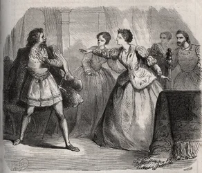 Gabrielle de Vergy disputa con su prometido, Eudes de Fayel, quien está celoso de la amistad que tiene con su primo, Albert de Nozereau. Escena de una leyenda del siglo XII. Grabado de 1871 en “Histoire Des Cocus Celebres” por Henry de Kock (1819-1892).