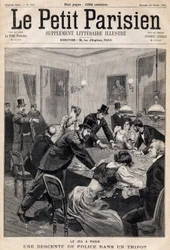 Casa de juegos en París: Redada policial en un club de juego (casino). En el periódico "Le Petit Parisien" el 26/02/1893 (grabado)