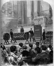 Juego de azar: sorteo de la Lotería Nacional en el salón de fiestas del Trocadéro el 6 de enero de 1879 en París. Grabado en «Le Monde Illustré», n.º 1140, del 1 de febrero de 1879.