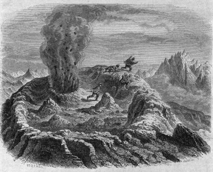 Erupción de gas del volcán Antujo en Chile. Grabado por Freeman en "The Picturesque Magasin"