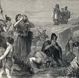Gedeón (Gedeon) llamado por Dios para derrotar a los Madianitas escoge a sus soldados de entre los que beben mientras se llevan el agua a la boca (Gideon o Gedeon escoge a sus soldados quedándose sólo con los que se llevan el agua a la boca, y mientras lo 