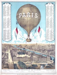 Vista general de París y lista de ubicaciones de salida de globos durante el Sitio de París, 1871