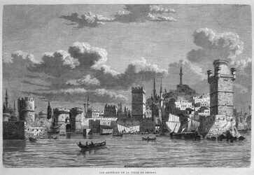 Vista general de Rodas, de La Syrie daujourdhui. Voyages dans la Phenicie, le Liban et la Judee. 1875-1880 de Louis Charles Emile Lortet, 1884