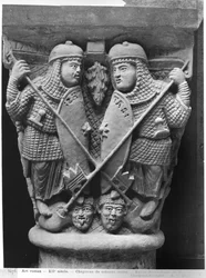 Generosidad y Caridad atravesando dos Vicios, capitel que representa la Lucha de los Vicios contra las Virtudes, de la iglesia de Notre-Dame-du-Port, Clermont-Ferrand (molde de yeso de piedra)