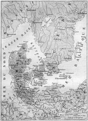 Mapa geográfico de Dinamarca en 1861, con los ducados de Schleswig, Holstein y Lauenburg. Grabado en “Le Monde Illustré” n°200 del 9 de febrero de 1861