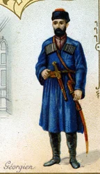 Hombre georgiano. Serie de 25 cromos publicitarios para la fábrica de galletas Pernot de Dijon, creada en 1869. Detalle de los personajes en traje tradicional