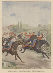 Caballos del ejército alemán "desertando" en la frontera francesa (litografía en color)