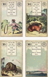 Edición alemana del mazo de cartomancia francés Lenormand: El Niño, El Zorro, El Oso, La Estrella, publicado por Dondorf, Frankfurt, siglo XIX