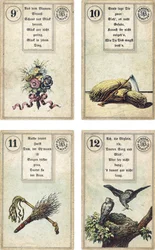 Edición alemana del mazo de cartomancia francés Lenormand: Las Flores, La Guadaña, La Vara de Abedul, El Látigo, Los Pájaros, publicado por Dondorf, Frankfurt, siglo XIX