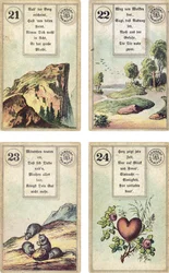 Edición alemana del mazo de cartomancia francés Lenormand: La Montaña, El Camino, Los Ratones, El Corazón, publicado por Dondorf, Frankfurt, siglo XIX