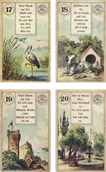 Edición alemana del mazo de cartomancia francés Lenormand: La Cigüeña, El Perro, La Torre, El Jardín, publicado por Dondorf, Frankfurt, siglo XIX
