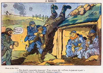 Soldado alemán capturado por soldados franceses como resultado de una trampa, caricatura de la edición del Día de los Inocentes de La Baionette, 29 de marzo de 1917