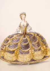 Vestido adecuado para presentación en la corte, lámina de Galerías de Modas y Trajes Franceses, c.1778-87