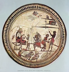 Copa griega que representa a Arcesilao II, Rey de Cirene (c.560-550 a.C.) observando el pesaje y carga de silfio, copia de un original del siglo VI a.C.