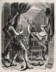 Mitología griega: “Este grito fue hecho por Paris”. Paris sorprende a Helena con Peritanus. Grabado de 1871 en “Histoire Des Cocuses Celebres” de Henry de Kock