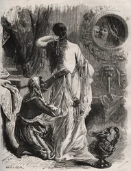 Mitología griega: el rey de Lidia Candaules muestra a su esposa desnuda a su confidente Gyges, quien se esconde en las sombras cuando ella se desviste en el dormitorio. Grabado de 1871 en "Histoire Des Cocus Celebres" de Henry de Kock (1819-1892)