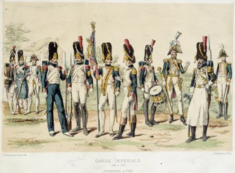 Granaderos a pie de la Guardia Imperial de Napoleón I (entre 1804 y 1814). Grabado del siglo XIX. París, Artes Decorativas