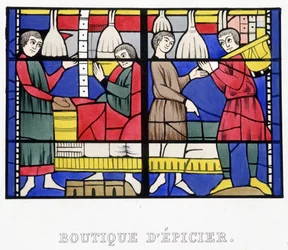 Tienda de comestibles. Facsímil de un vitral de la Edad Media en “Histoire de la peinture sur verre” de Ferdinand de Lasteyrie