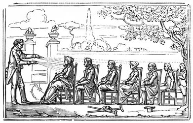 Terapia magnética grupal, ilustración de Therapeutique Magnetique por Baron du Potet, 1863