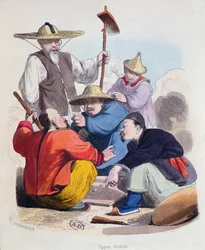 Grupo de hombres chinos jugando a los dados, c.1850