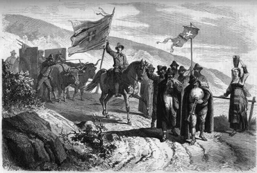 Grupo de "Pifferari" (mendigos y músicos ambulantes de Italia) saliendo de la provincia de Abbruzzo hacia Nápoles con motivo de la Semana Santa. Grabado en "Le Monde Illustré" n°364 del 2 de abril